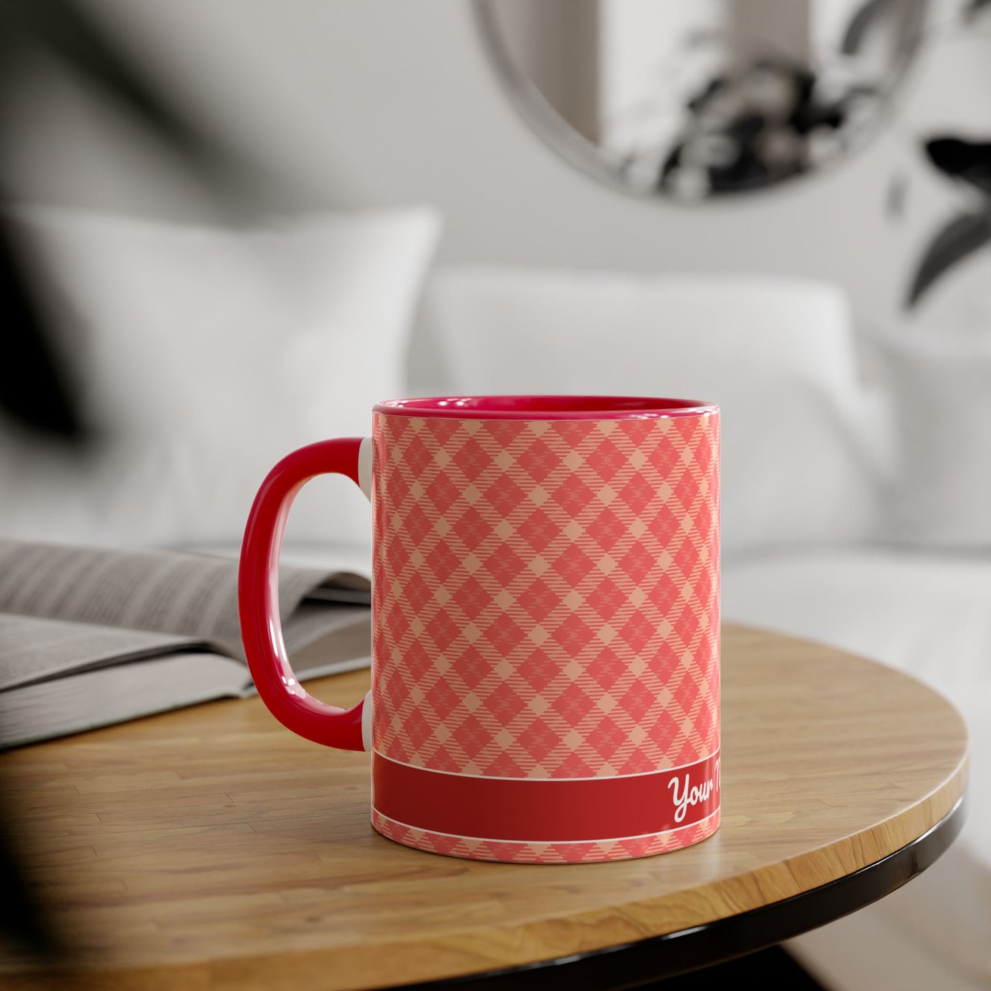 Coral Plaid Sunrise · Personalize It! Your Name and Font | Accent Mug (Small) (Red).