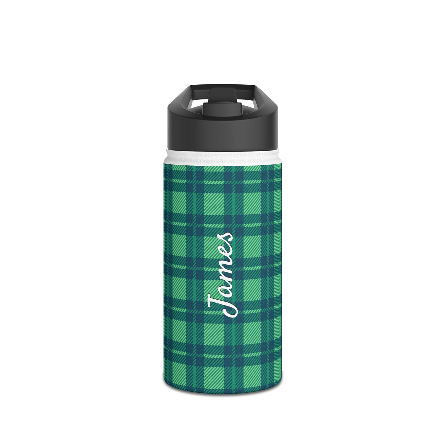 Verdant Green Tartan, Personalize It! Your Name, Stainless Steel Water Bottle Standard Lid (Small/Medium)