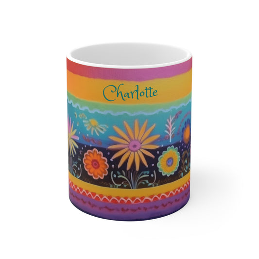 Floral Tapestry Bloom: Personalize It! Your Name, Font and Color | Ceramic Mug (Small/Medium/Large)