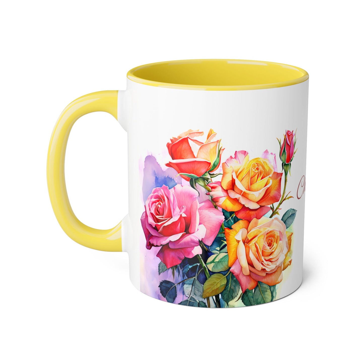 Roses Pink and Yellow · Personalize It! Your Name, Font and Color | Accent Mug (Small) (Light Green/Pink/Red/Yellow).