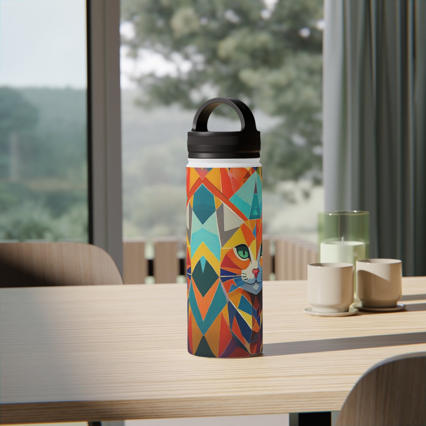 Geometric Feline Fusion | Stainless Steel Water Bottle Handle Lid (Small/Medium)