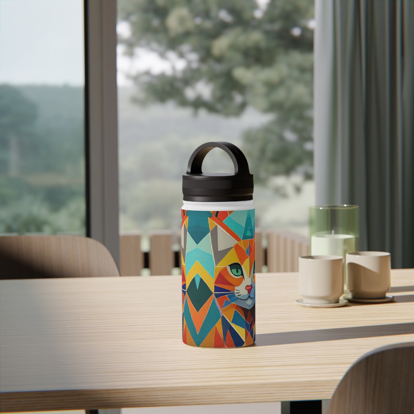 Geometric Feline Fusion | Stainless Steel Water Bottle Handle Lid (Small/Medium)