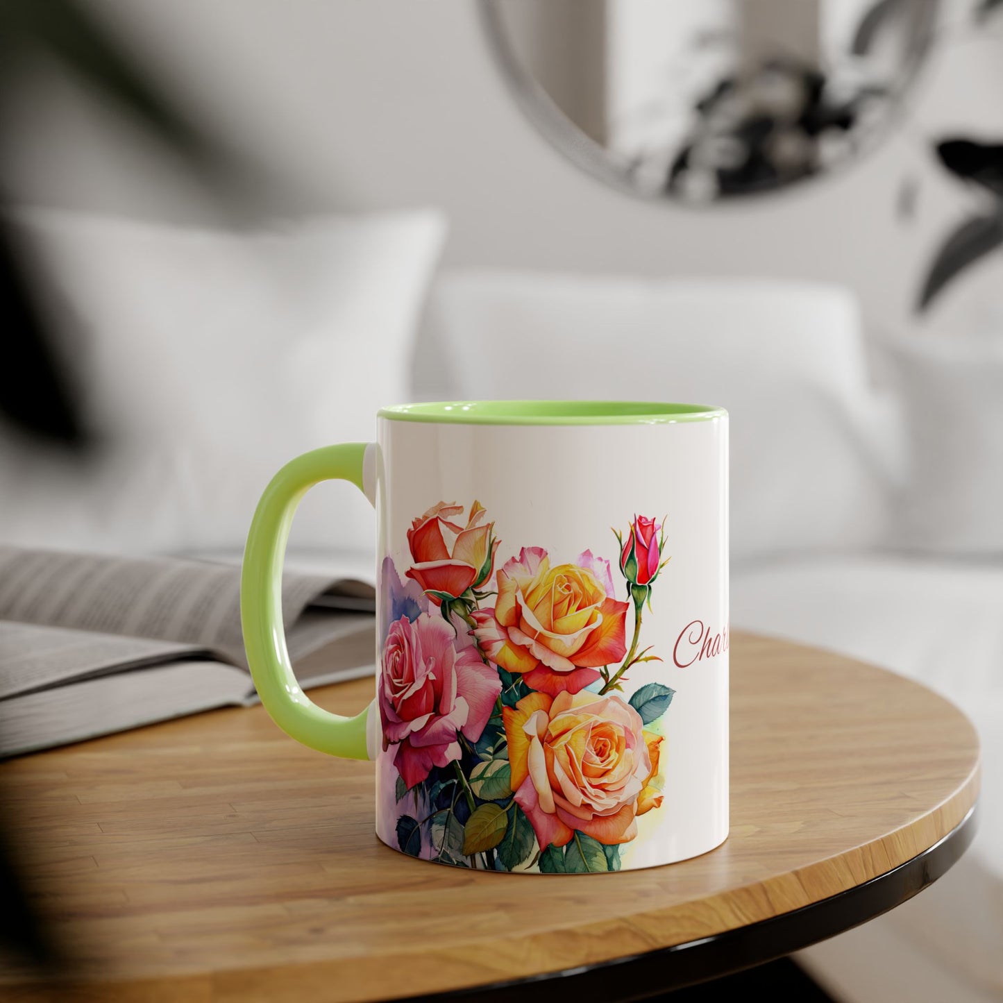 Roses Pink and Yellow · Personalize It! Your Name, Font and Color | Accent Mug (Small) (Light Green/Pink/Red/Yellow).