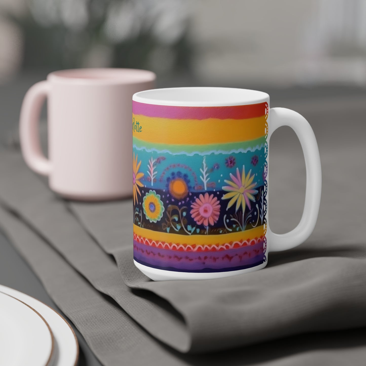 Floral Tapestry Bloom: Personalize It! Your Name, Font and Color | Ceramic Mug (Small/Medium/Large)