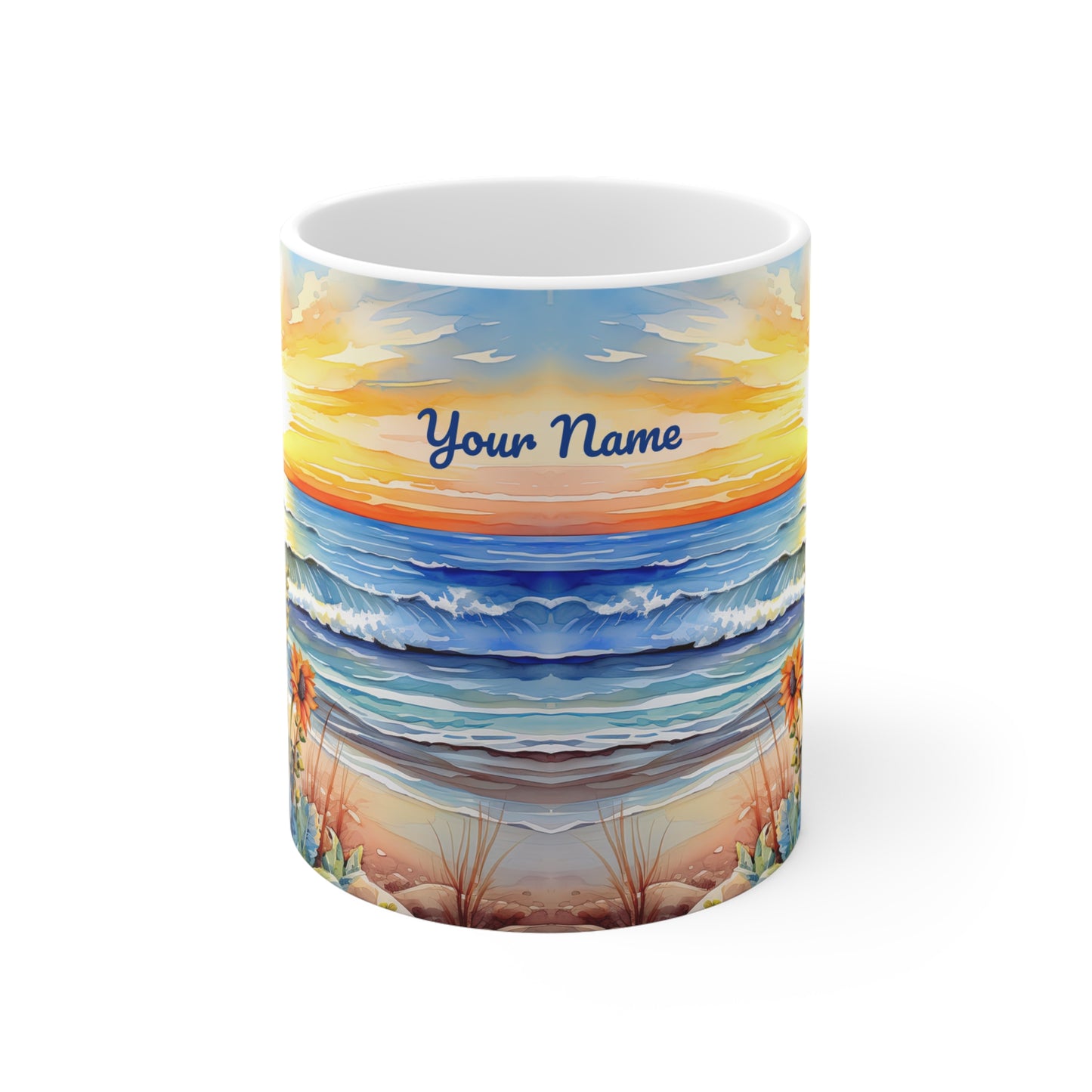 Sunset Beach Sunflowers Paradise: Personalize It! Your Name, Font and Color | Ceramic Mug (Small/Medium/Large) 🇨🇦🇺🇸