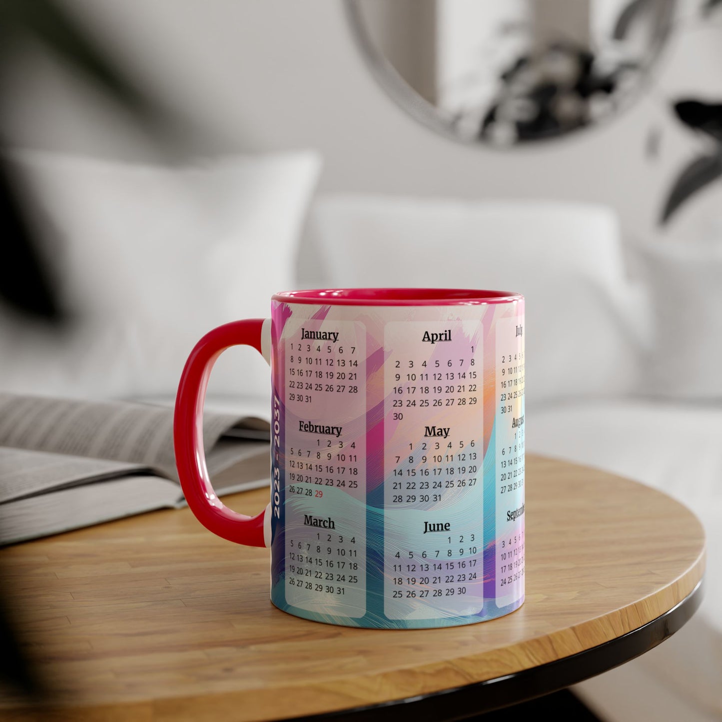 Palette of Pinks and Pastels · Calendar Mugs: 15-Year Calendar: 2023 to 2037 | Accent Mug (Small) (Pink/Red/Yellow).