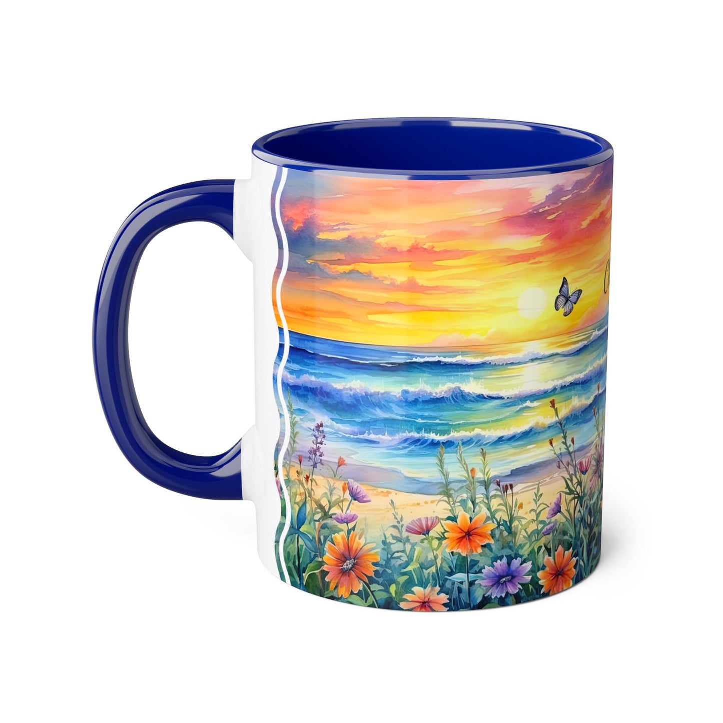 Beach Sunset and Butterflies · Personalize It! Your Name and Font | Accent Mug (Small) (Blue/Light Green/Pink/Red/Yellow).