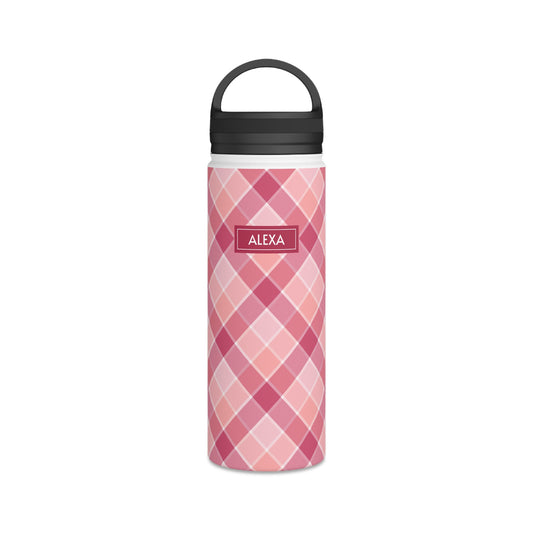 Pink Check No 5 Diagonal Plaid, Personalize It! Your Name, Stainless Steel Water Bottle Handle Lid (Small/Medium)