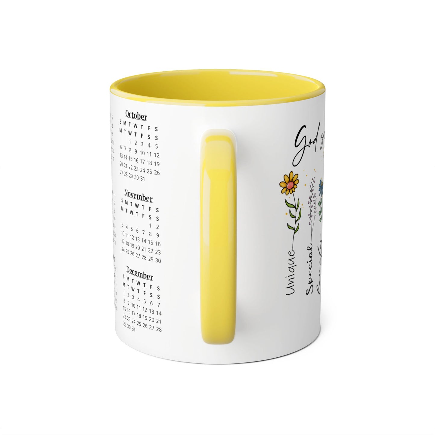 God Says You Are Flowers · Calendar Mugs: 2-Year Calendar 2024 to 2025 | Accent Mug (Small) (Black/Blue/Light Green/Pink/Red/Yellow).