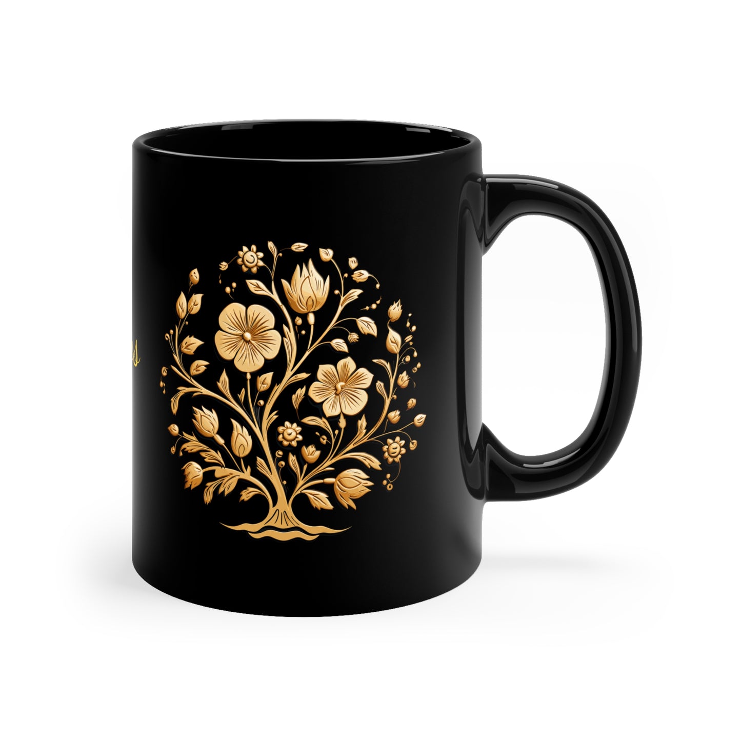 Golden Floral Medallion · Personalize It! Family Name | Black Mug (Small)