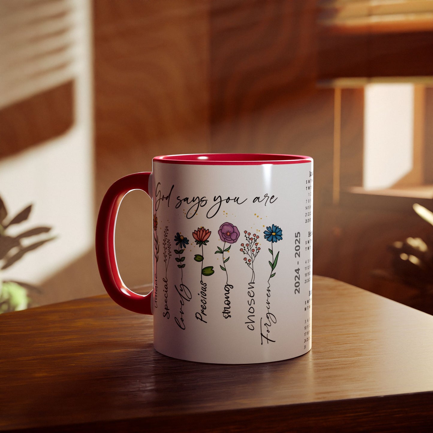 God Says You Are Flowers · Calendar Mugs: 2-Year Calendar 2024 to 2025 | Accent Mug (Small) (Black/Blue/Light Green/Pink/Red/Yellow).