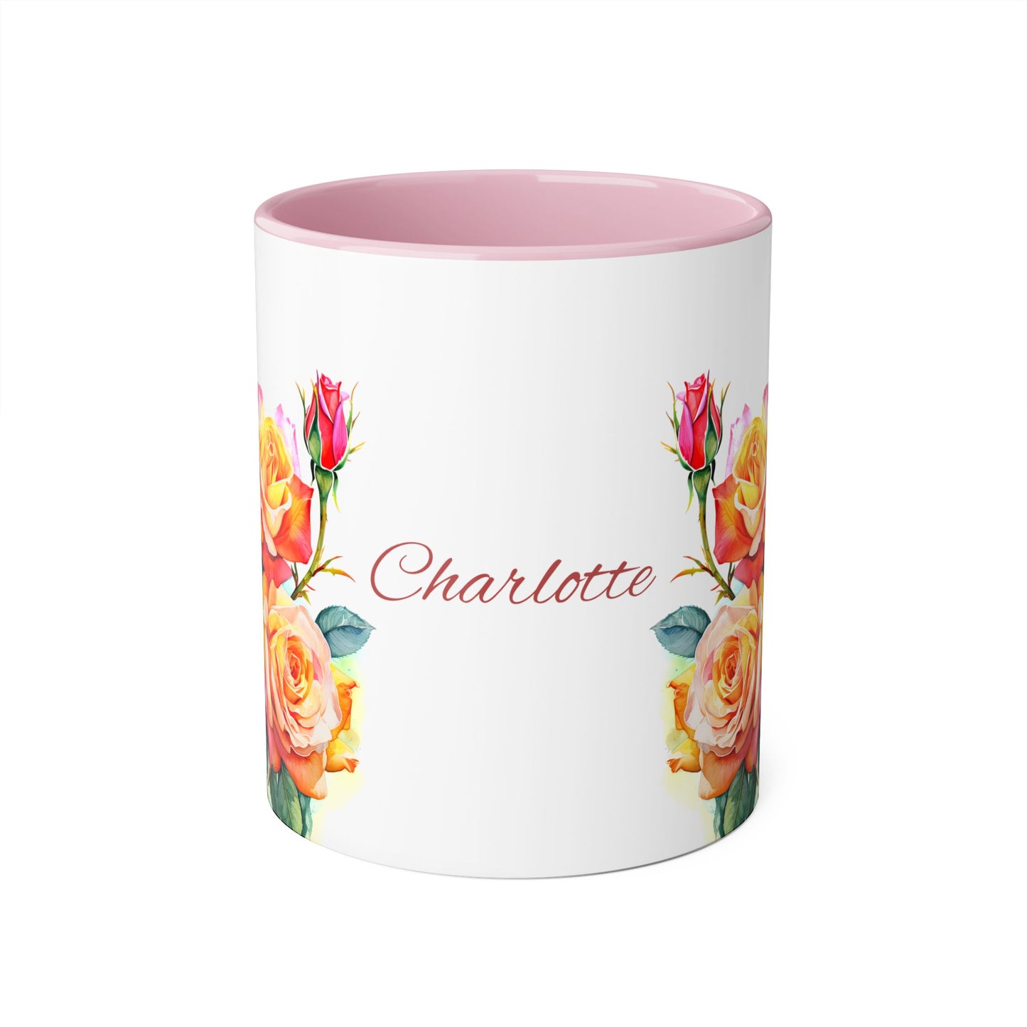 Roses Pink and Yellow · Personalize It! Your Name, Font and Color | Accent Mug (Small) (Light Green/Pink/Red/Yellow).