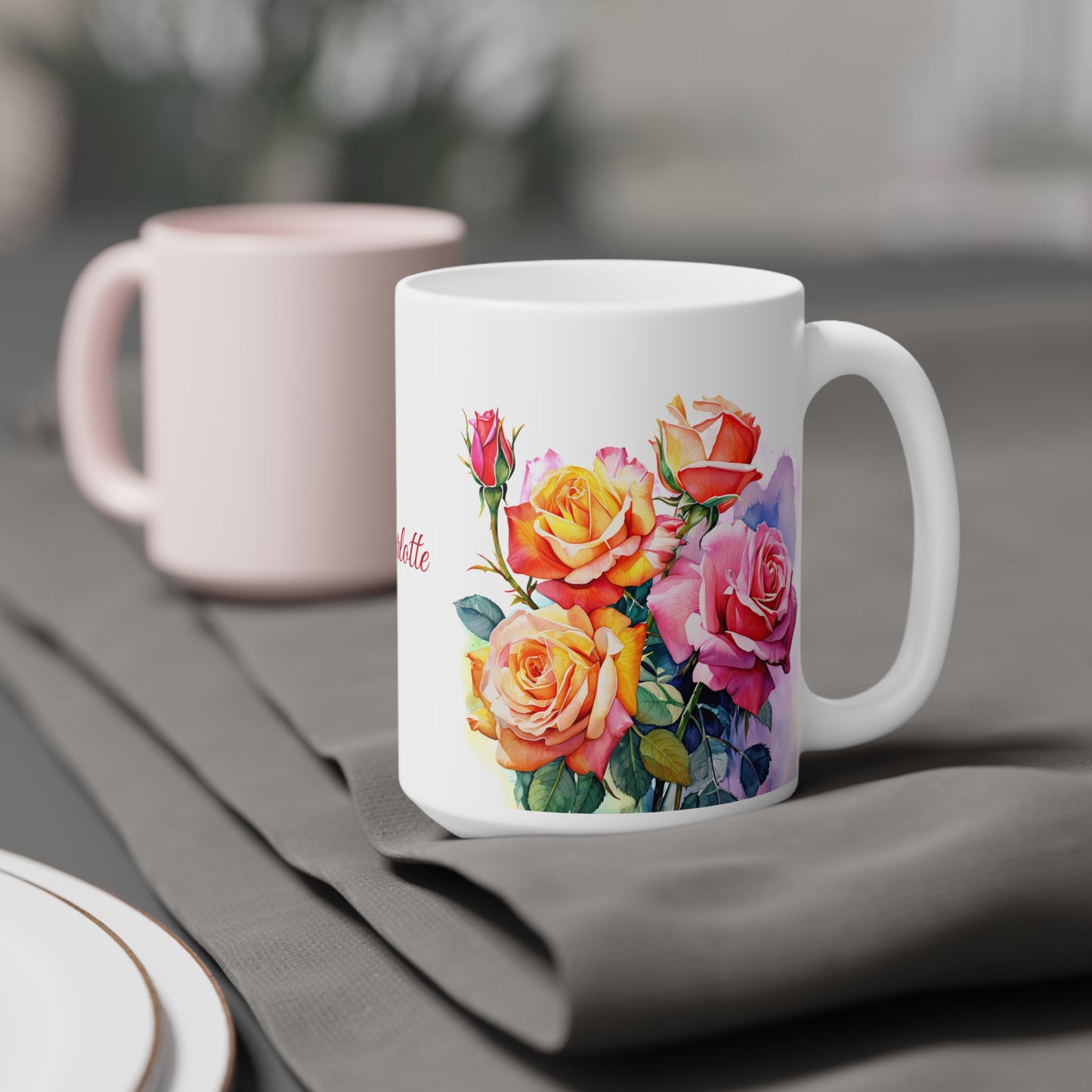 Roses Pink and Yellow: Personalize It! Your Name in Your Font Color | Ceramic Mug (Small/Medium)