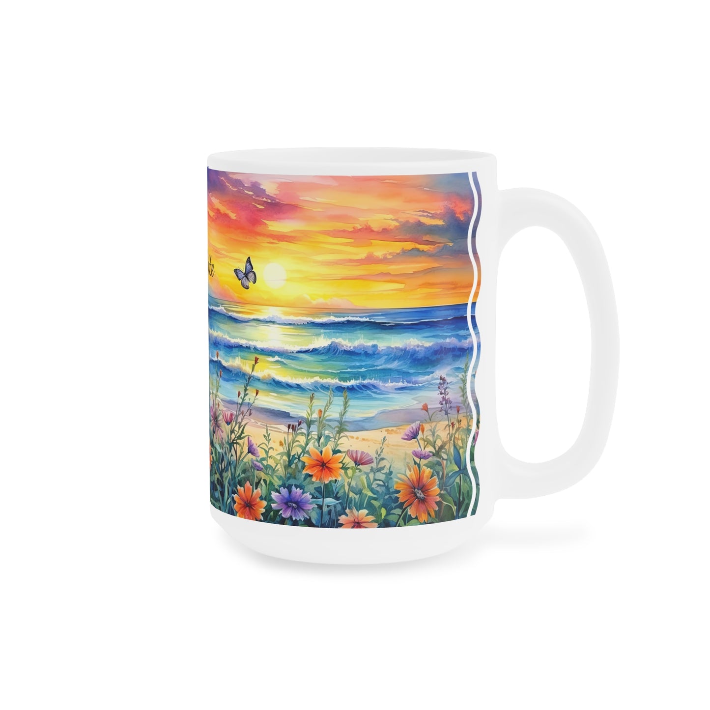 Beach Sunset and Butterflies: Personalize It! Your Name Your Font | Ceramic Mug (Large)