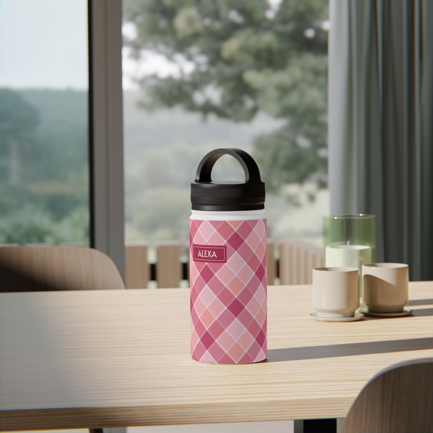 Pink Check No 5 Diagonal Plaid, Personalize It! Your Name, Stainless Steel Water Bottle Handle Lid (Small/Medium)