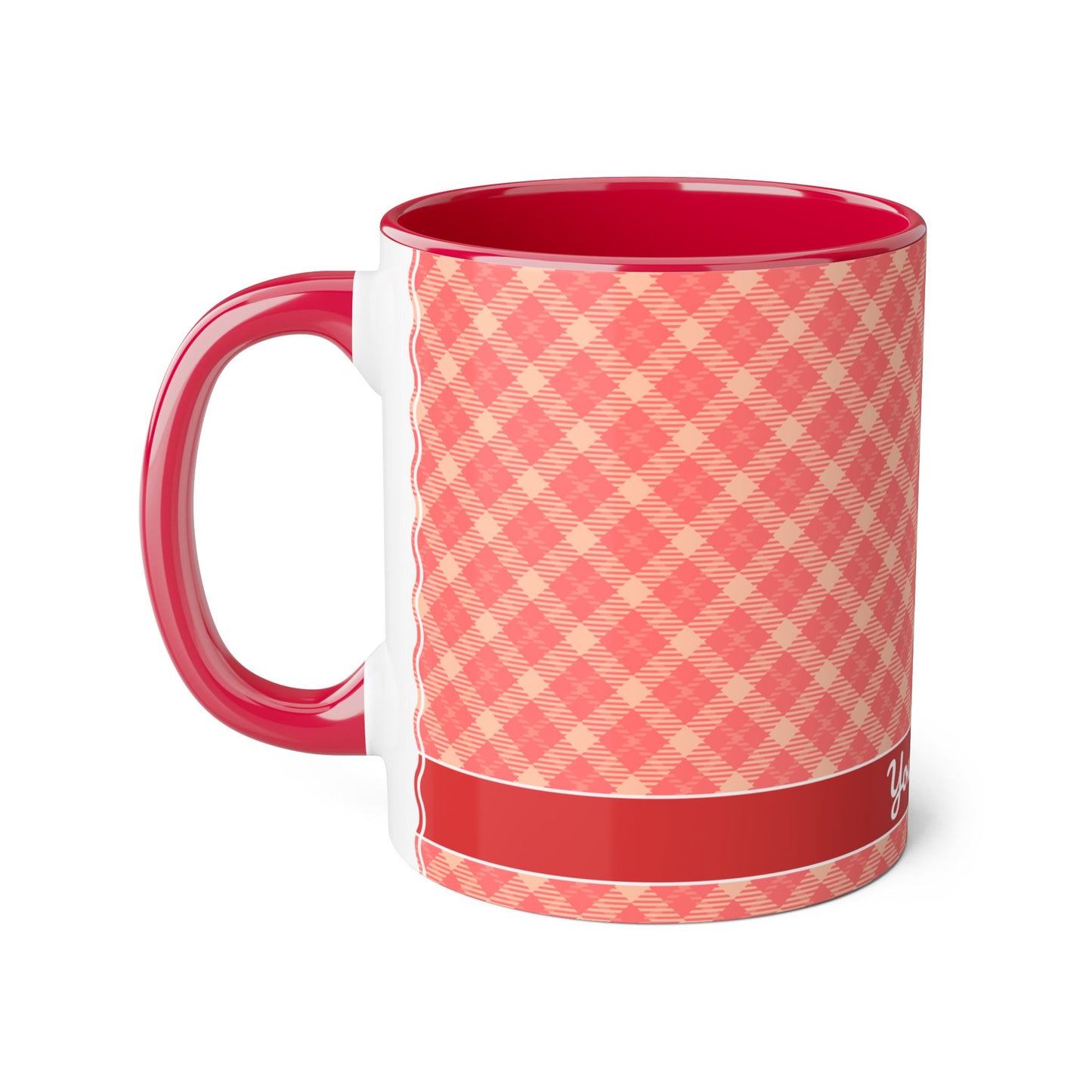 Coral Plaid Sunrise · Personalize It! Your Name and Font | Accent Mug (Small) (Red).