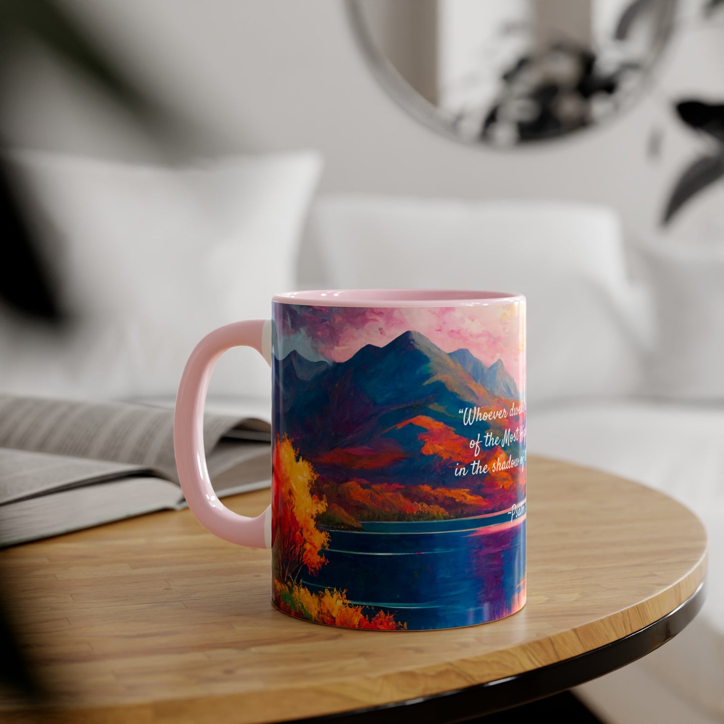 Autumn Lake, Psalm 91, Accent Mug (Small) (Blue/Pink/Red/Yellow)