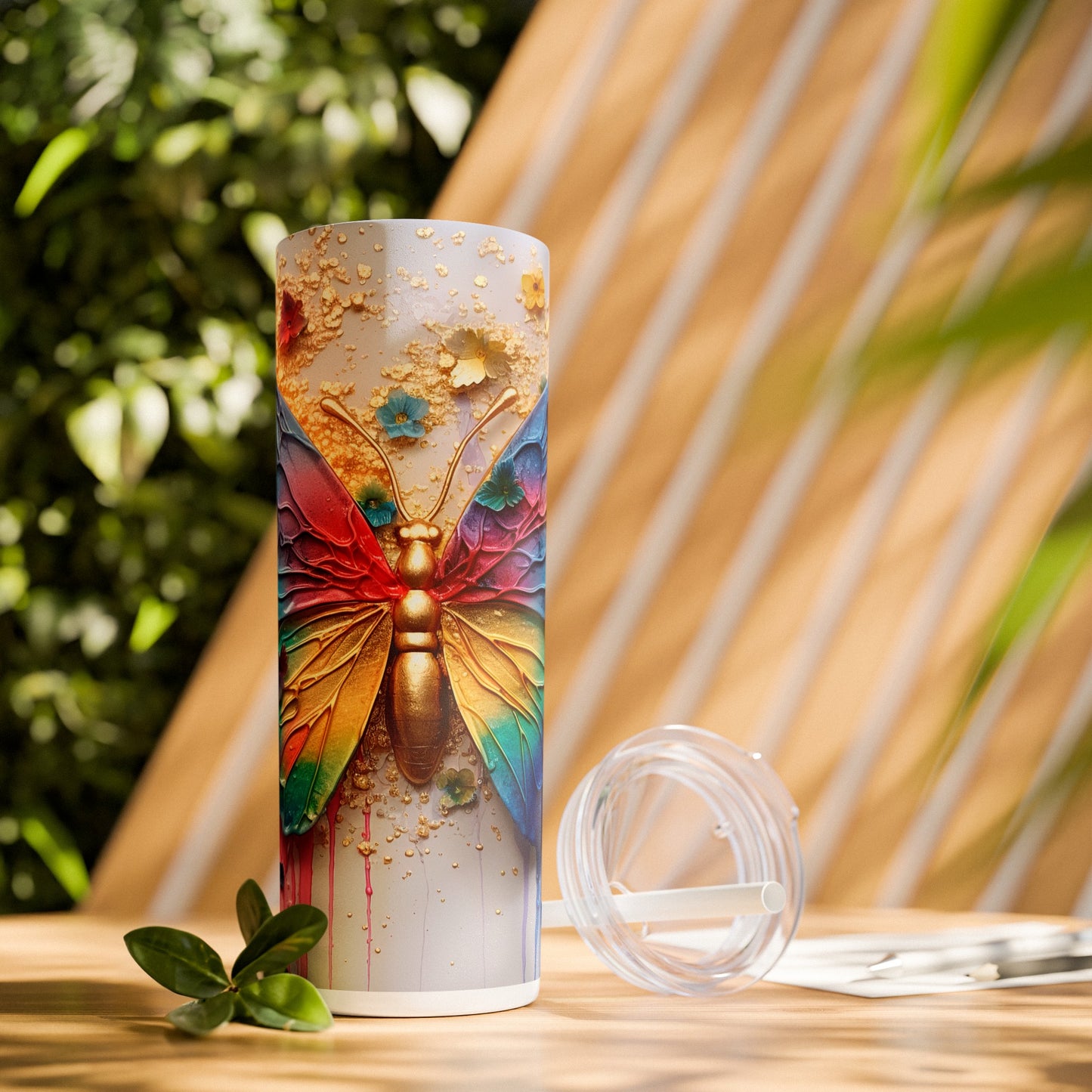 3D Butterfly in Gold and Paint, Skinny Tumbler with Straw