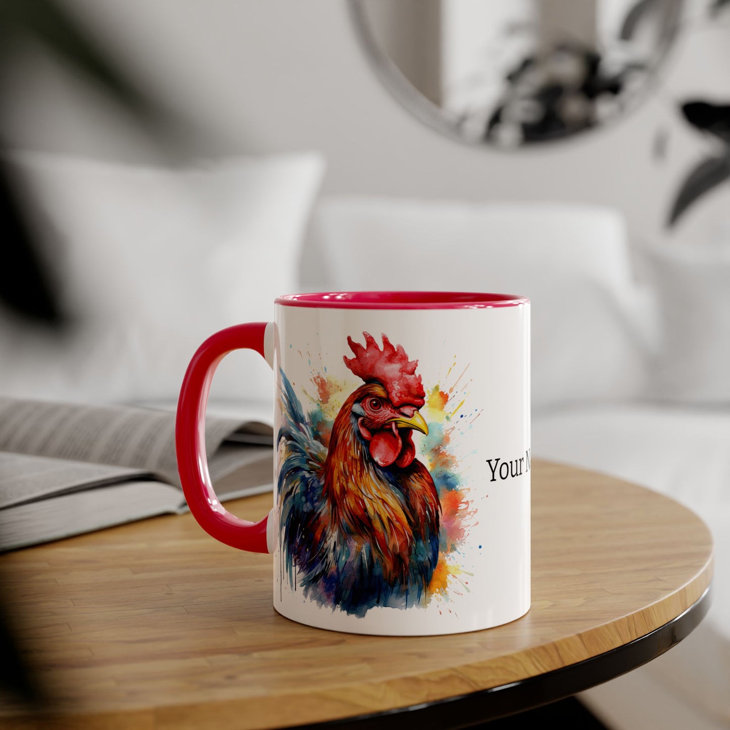 Majestic Rooster: Personalize It! Your Name and Font | Accent Mug (Small) (Black/Blue/Light Green/Pink/Red/Yellow) 🇨🇦🇺🇸