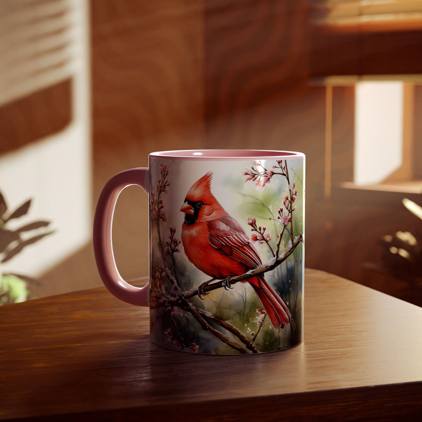 Winter Cardinals Dream Art | Accent Mug (Small) (Navy Blue/Pink/Red/Yellow).