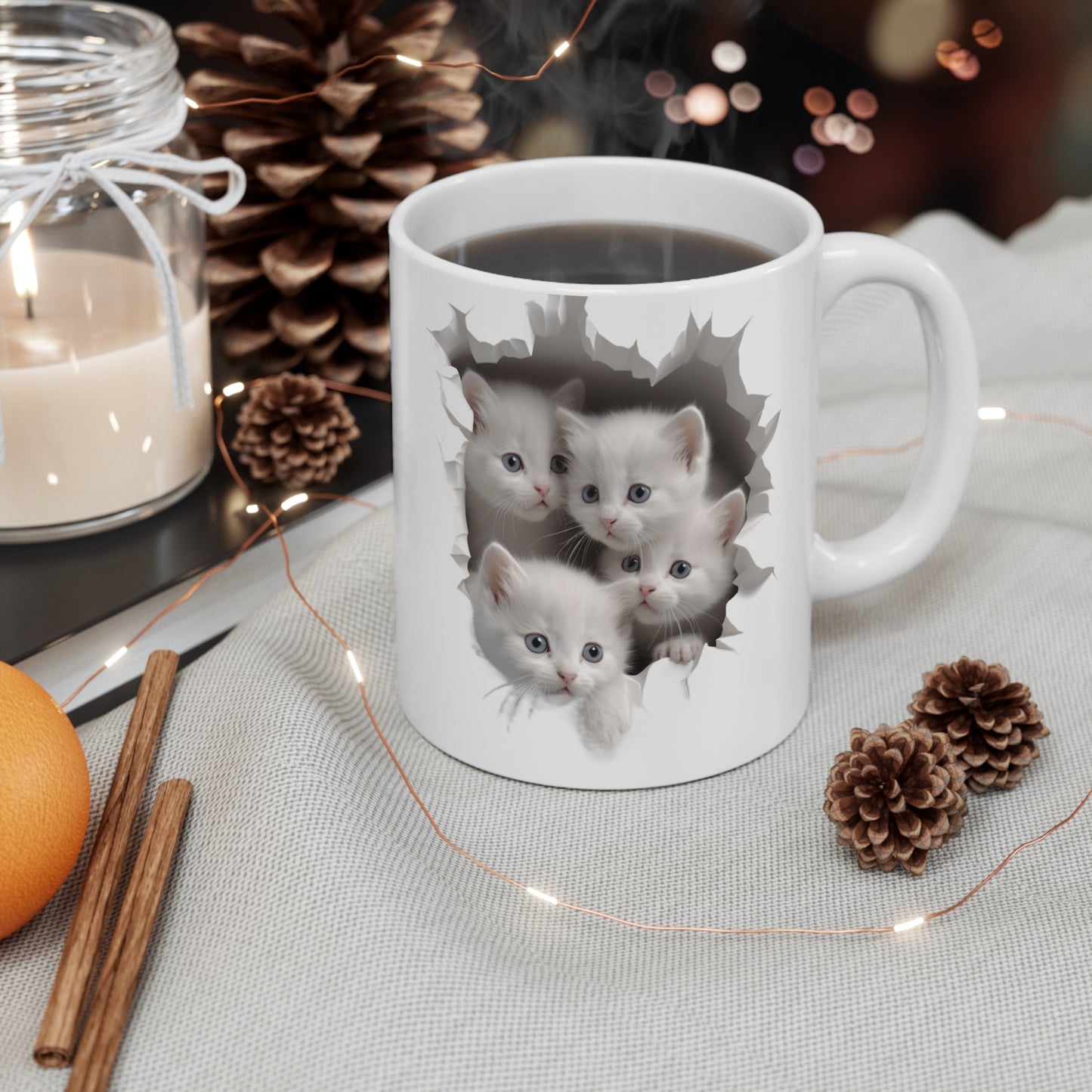 White Kittens in a Mug Hole, Ceramic Mug (Small)