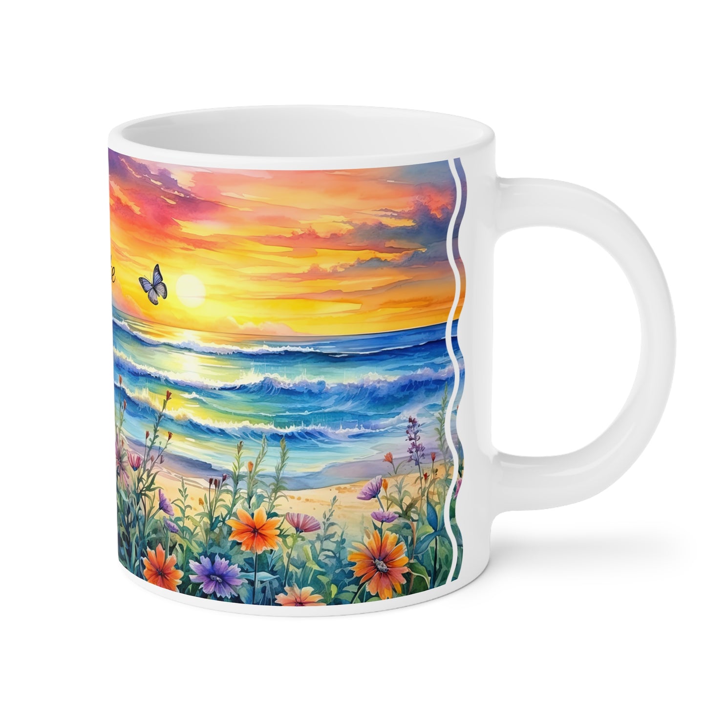 Beach Sunset and Butterflies: Personalize It! Your Name Your Font | Ceramic Mug (Large)