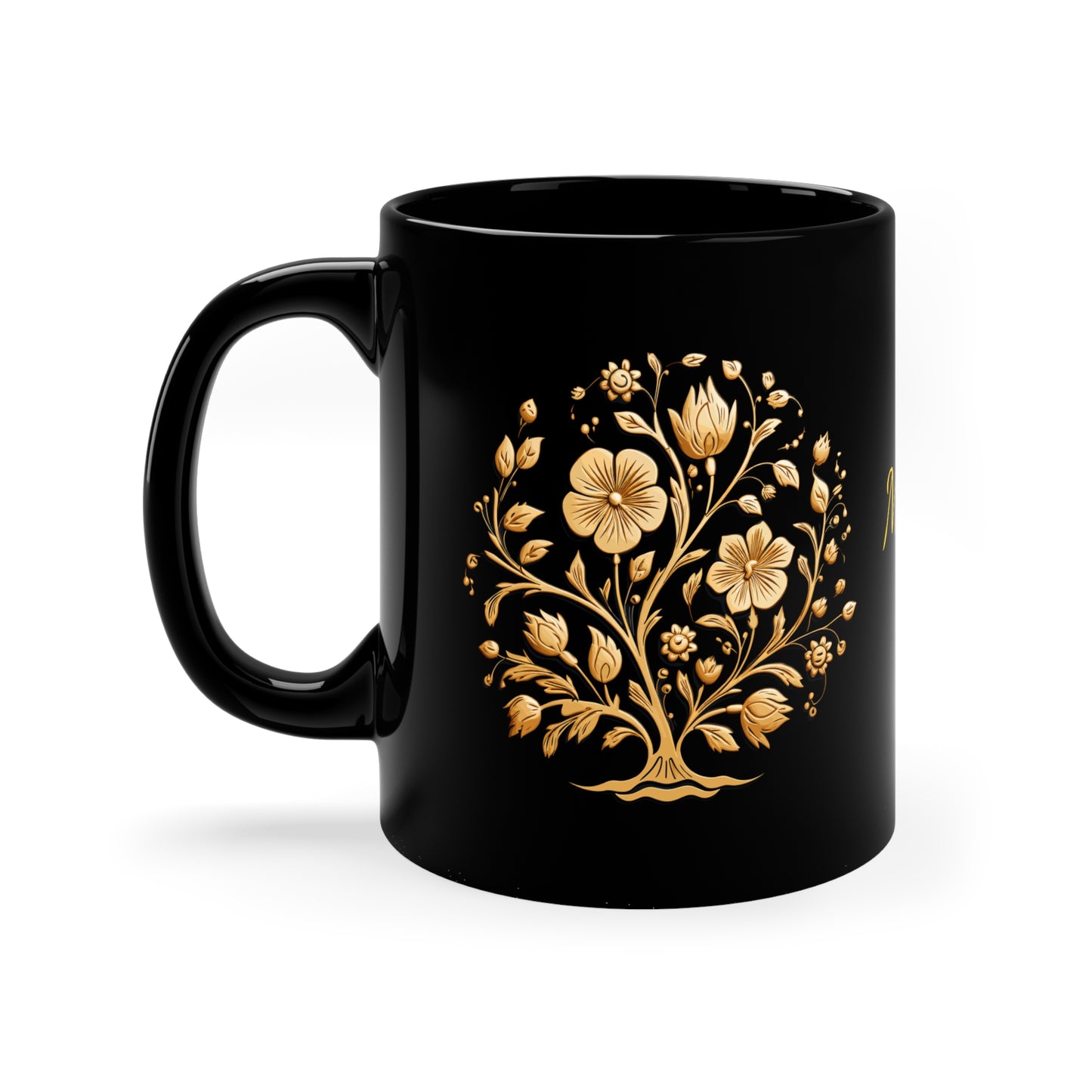 Golden Floral Medallion · Personalize It! Family Name | Black Mug (Small)