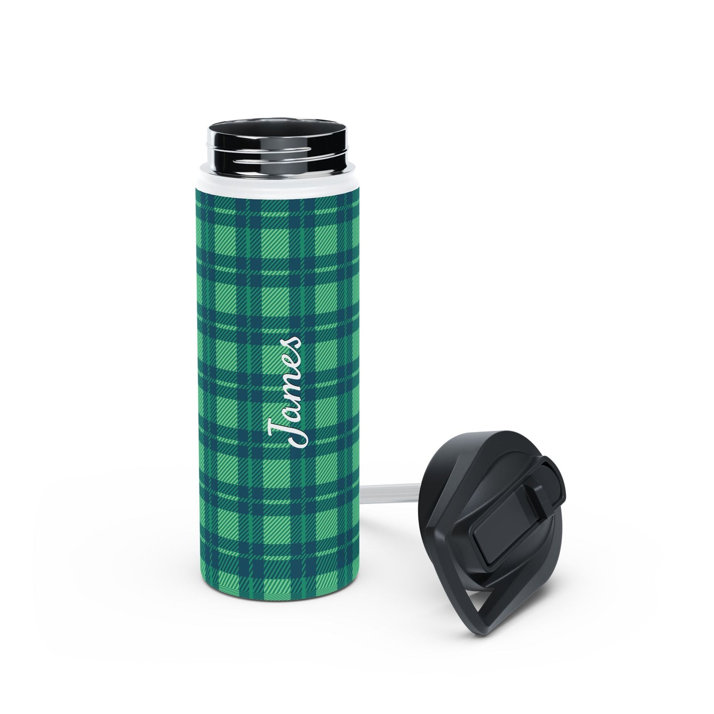 Verdant Green Tartan, Personalize It! Your Name, Stainless Steel Water Bottle Standard Lid (Small/Medium)