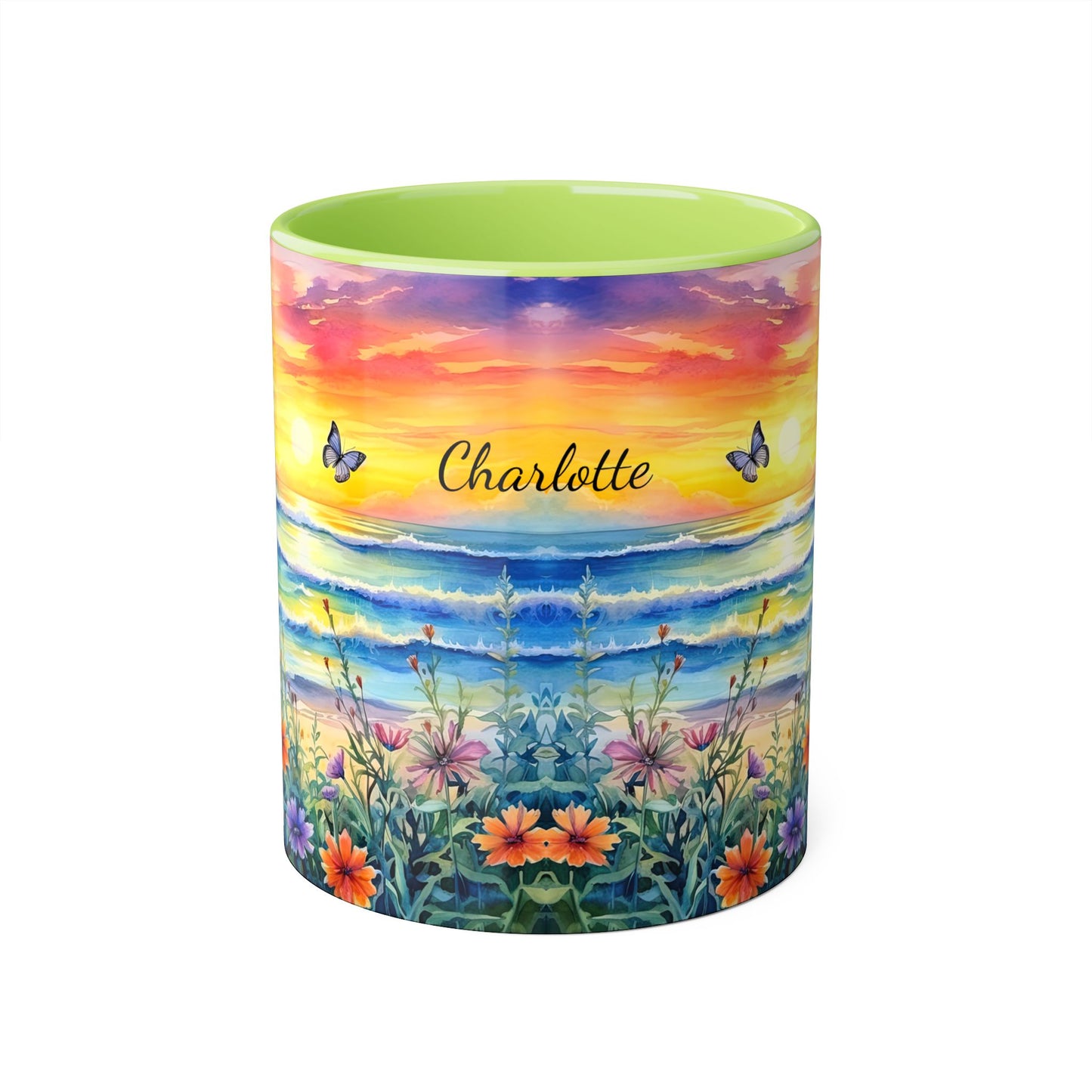 Beach Sunset and Butterflies: Personalize It! Your Name Your Font | Accent Mug (Small) (Blue/Light Green/Pink/Red/Yellow)