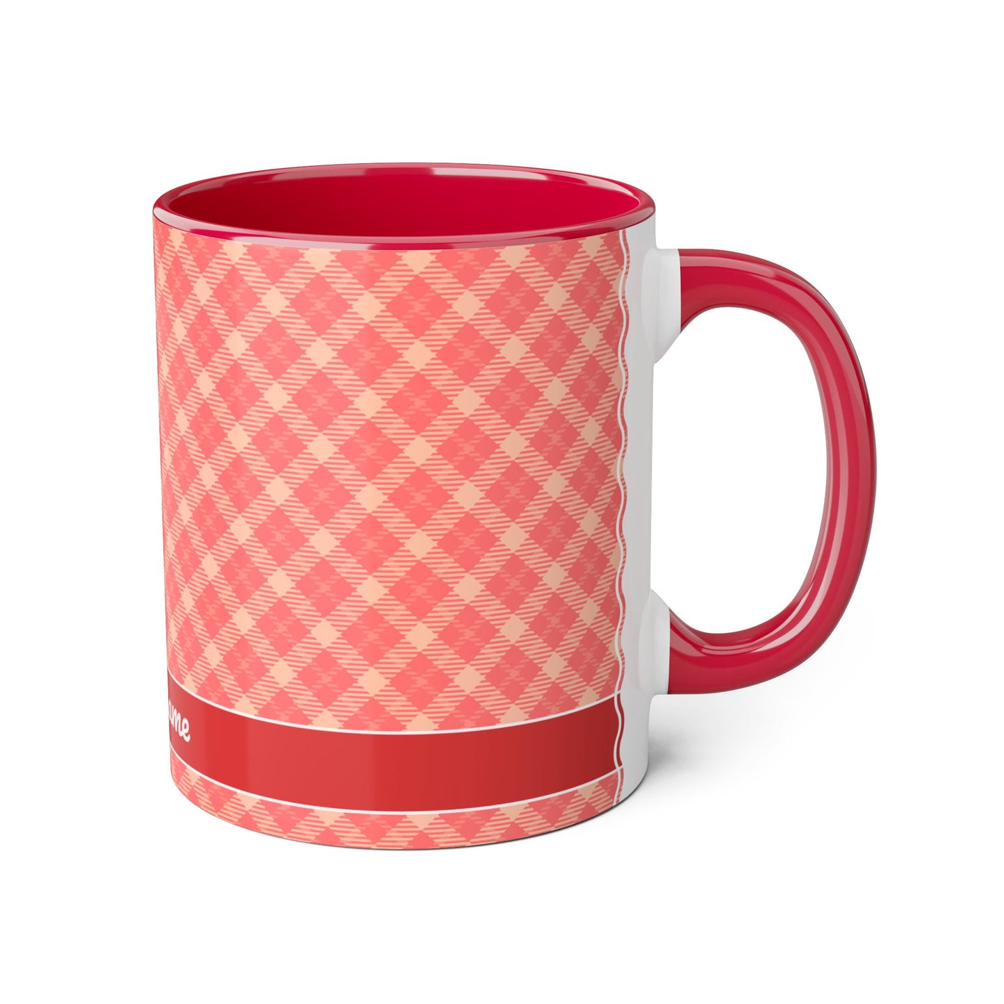 Coral Plaid Sunrise · Personalize It! Your Name and Font | Accent Mug (Small) (Red).