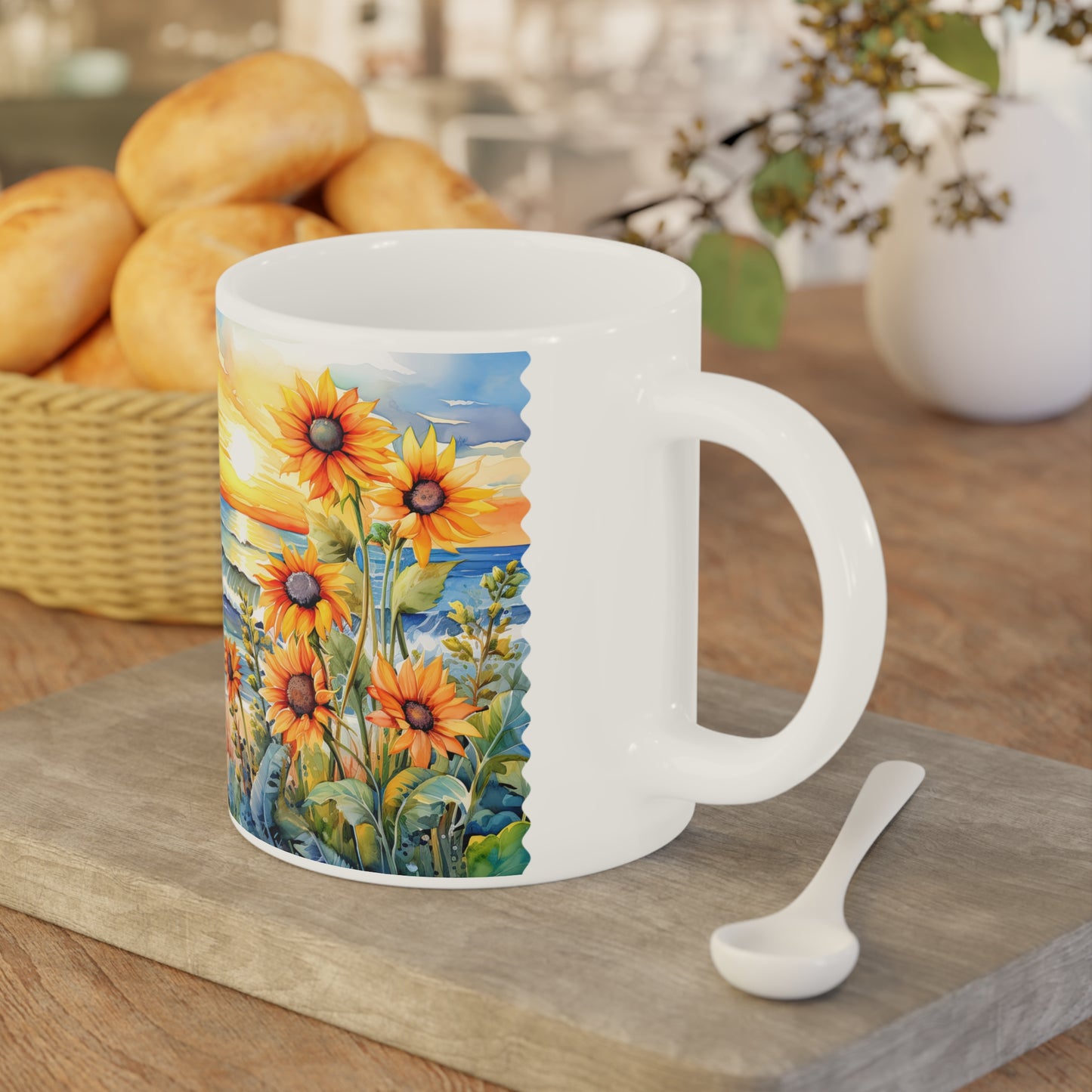 Sunset Beach Sunflowers Paradise · Personalize It! Your Name, Font and Color | Ceramic Mug (Small/Medium/Large).