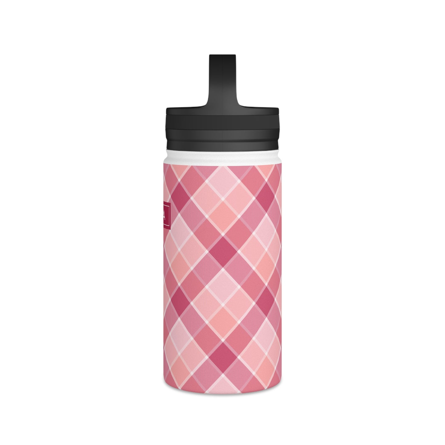 Pink Check No 5 Diagonal Plaid, Personalize It! Your Name, Stainless Steel Water Bottle Handle Lid (Small/Medium)