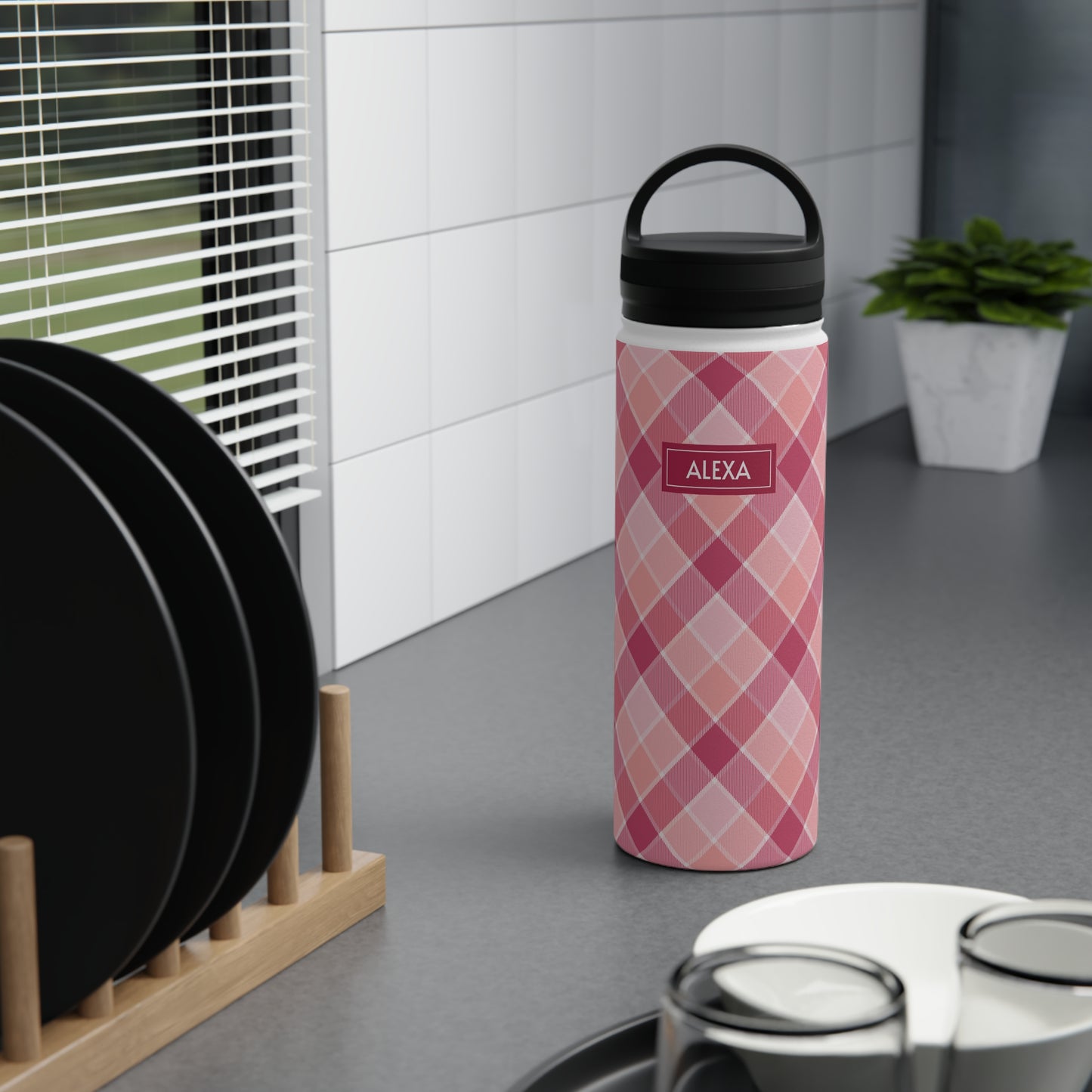 Pink Check No 5 Diagonal Plaid, Personalize It! Your Name, Stainless Steel Water Bottle Handle Lid (Small/Medium)