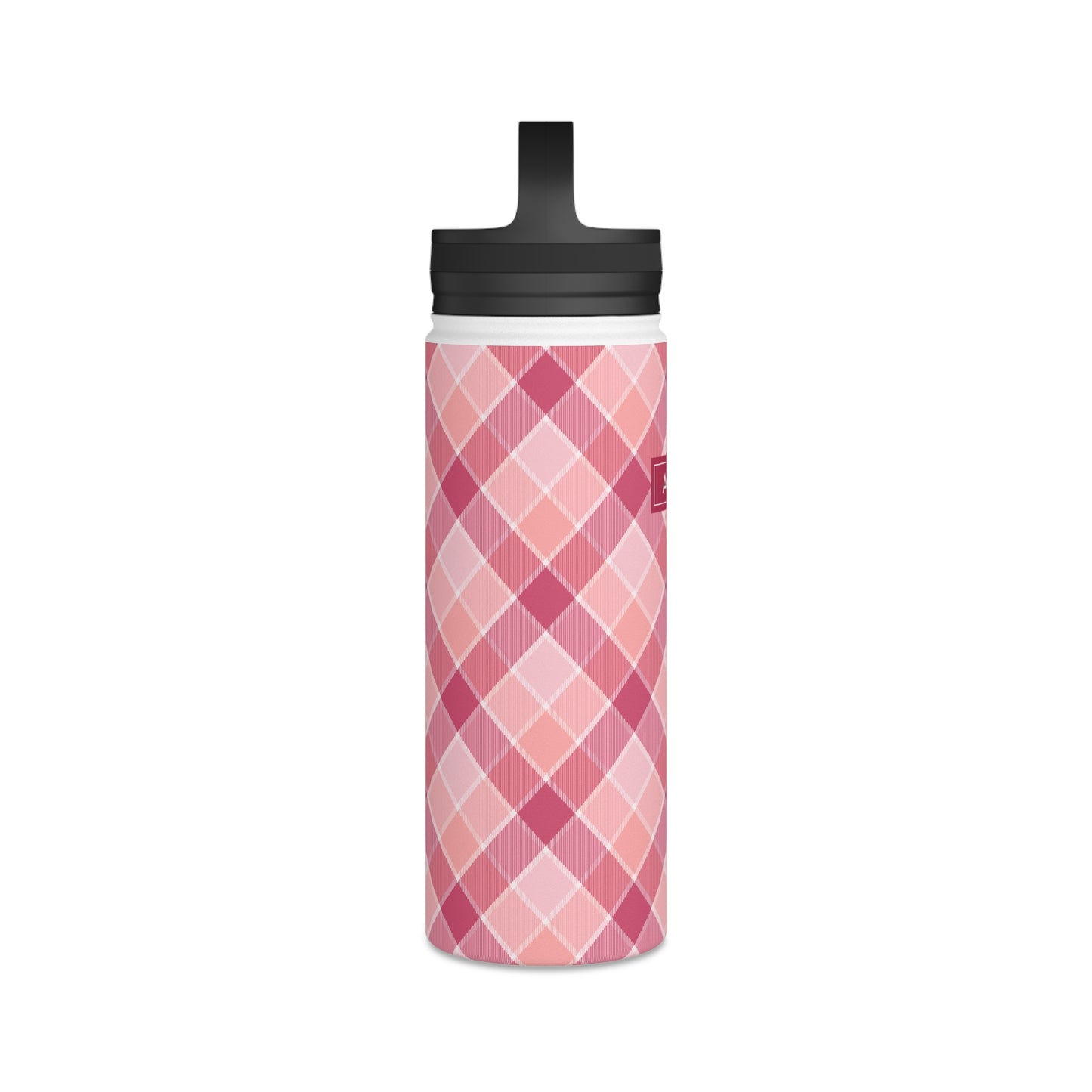 Pink Check No 5 Diagonal Plaid, Personalize It! Your Name, Stainless Steel Water Bottle Handle Lid (Small/Medium)