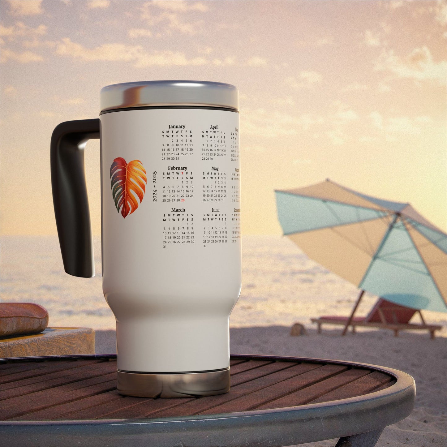 Leaf, 2 Year Calendar 2024 to 2025, Stainless Steel Travel Mug with Handle