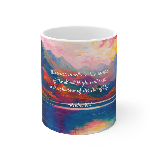 Autumn Lake, Psalm 91, Ceramic Mug (Small)