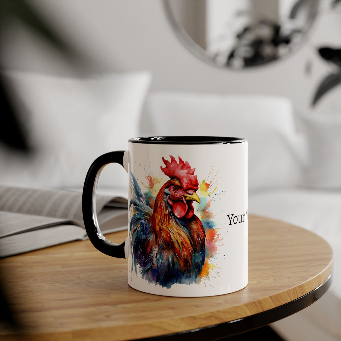 Majestic Rooster: Personalize It! Your Name and Font | Accent Mug (Small) (Black/Blue/Light Green/Pink/Red/Yellow) 🇨🇦🇺🇸