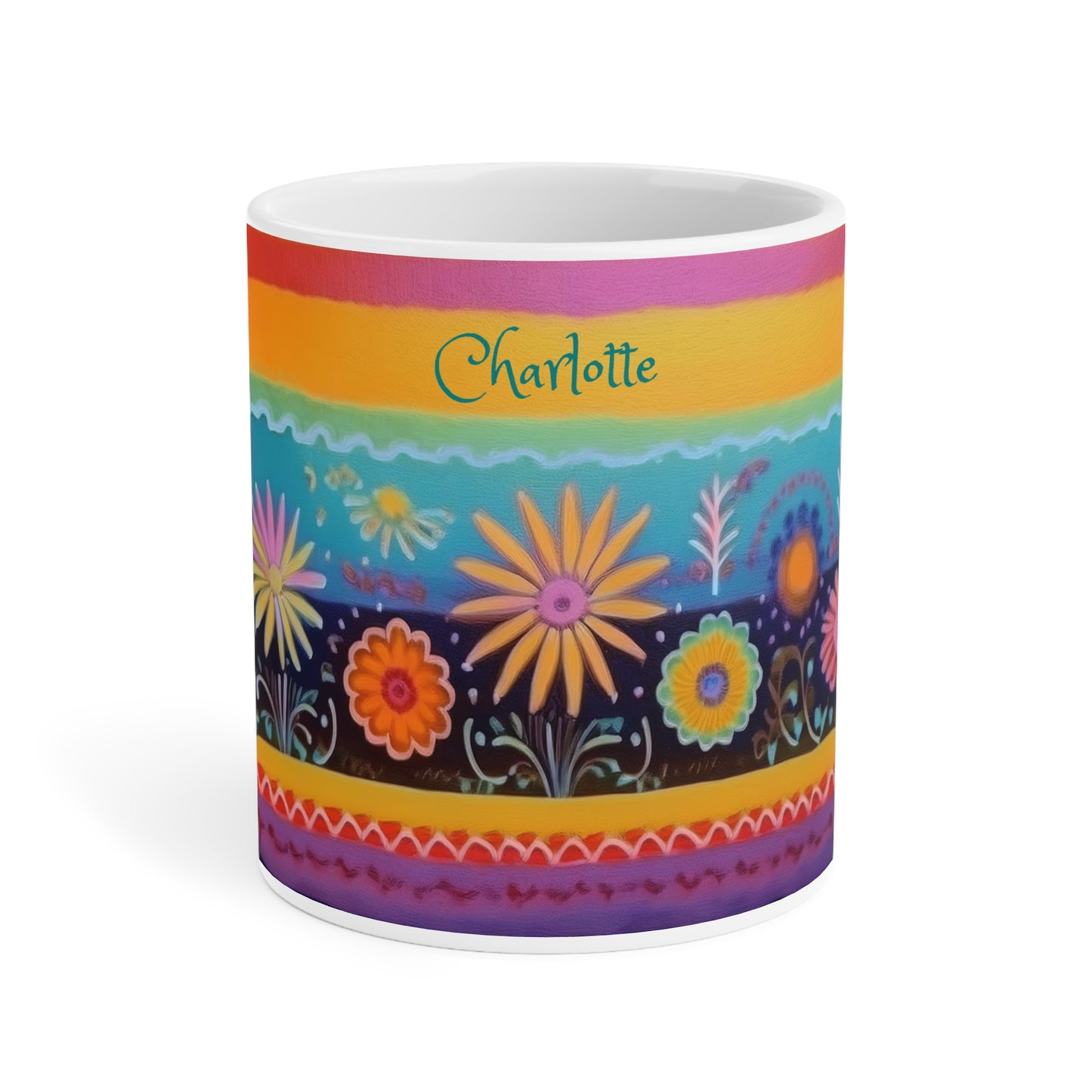 Floral Tapestry Bloom · Personalize It! Your Name, Font and Color | Ceramic Mug (Small/Medium/Large).