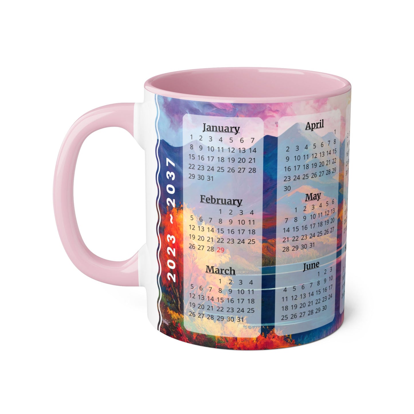 Autumn Lake · Calendar Mugs: 15-Year Calendar 2023 to 2037 | Accent Mug (Small) (Blue/Pink/Red/Yellow).