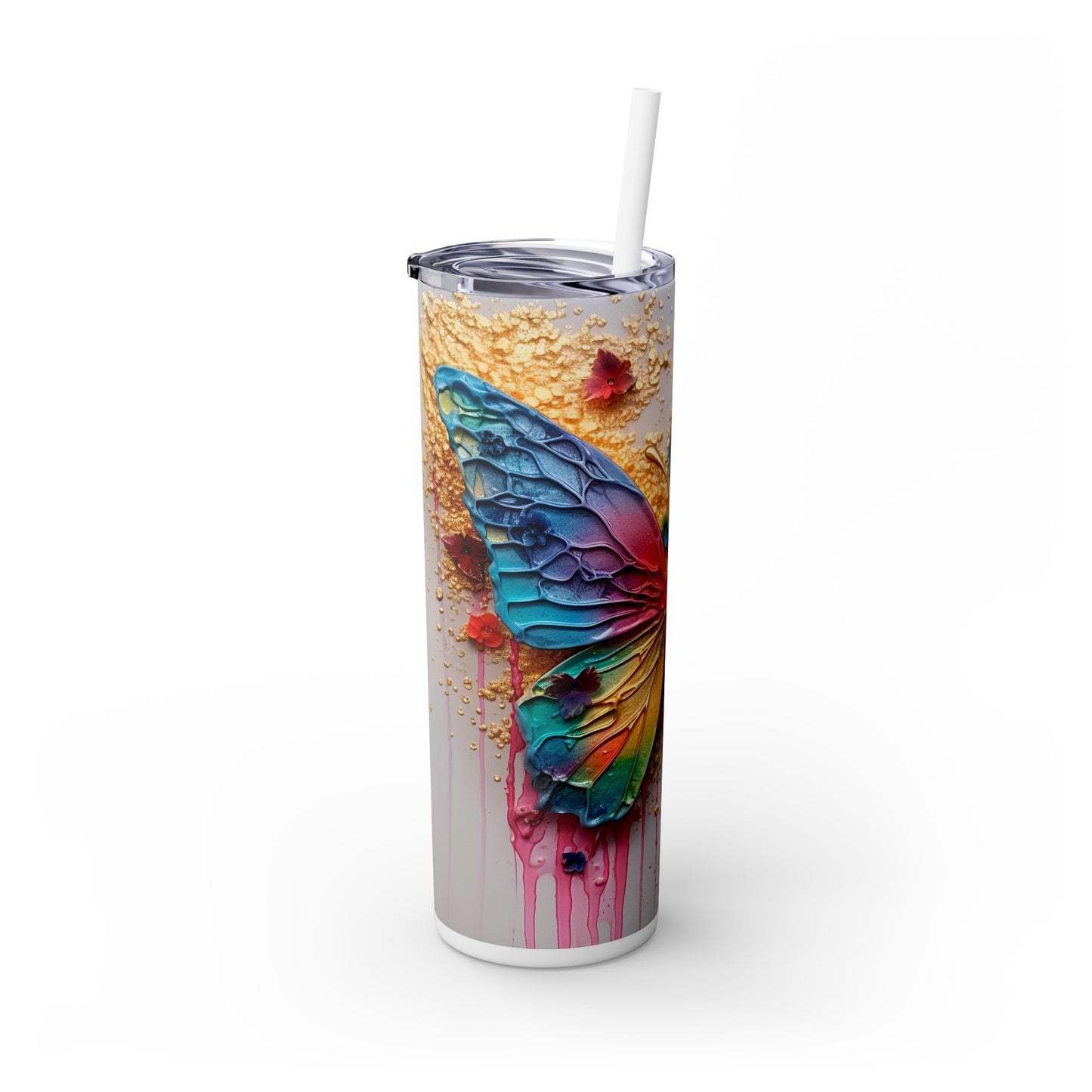 3D Butterfly in Gold and Paint, Skinny Tumbler with Straw