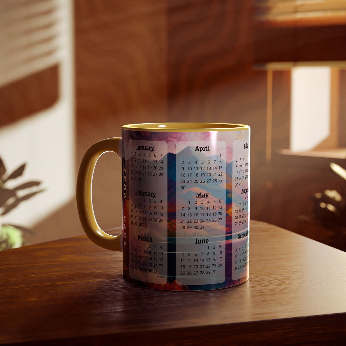 Autumn Lake · Calendar Mugs: 15-Year Calendar 2023 to 2037 | Accent Mug (Small) (Blue/Pink/Red/Yellow).