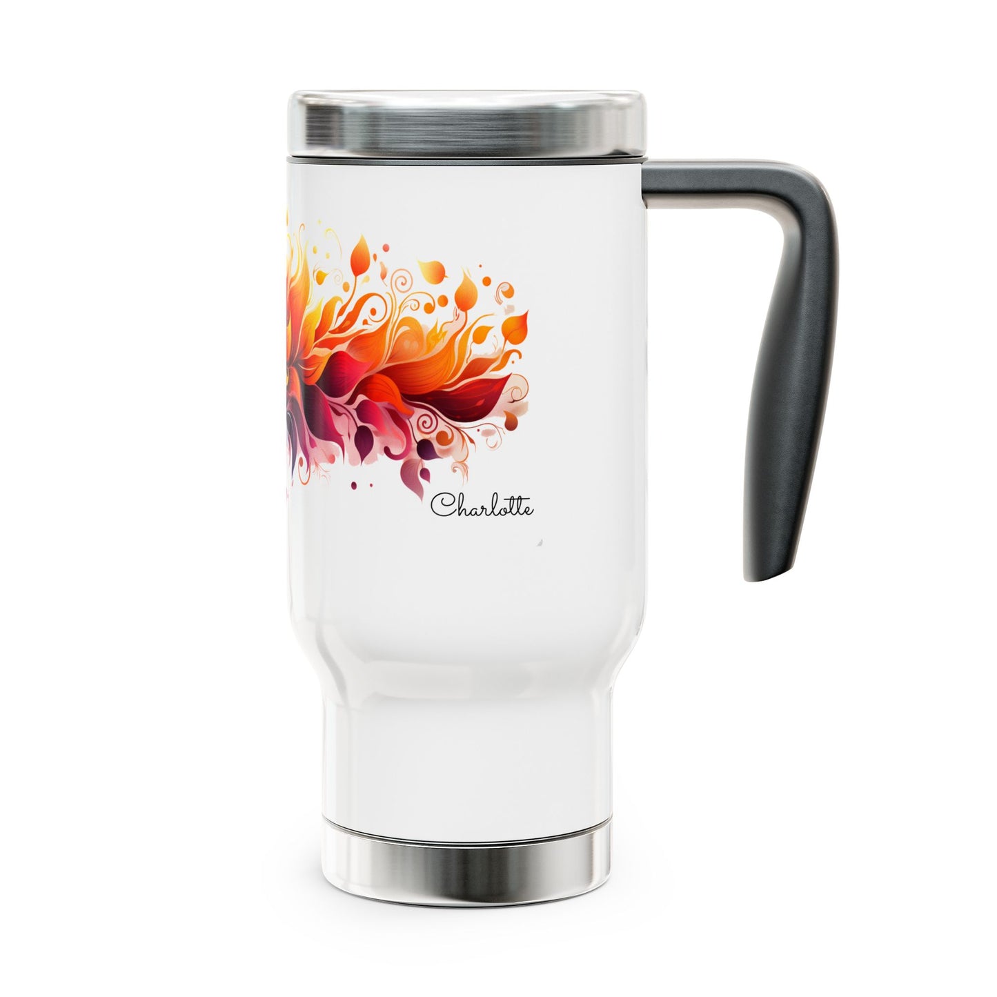 Vibrant Bloom Spectrum: Personalize It! Your Name, Your Font | Stainless Steel Travel Mug with Handle