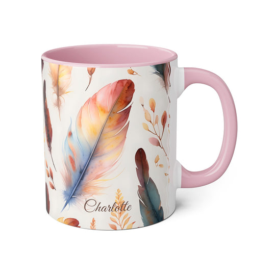 Watercolor Feathers and Foliage · Personalize It! Your Name | Accent Mug (Small) (Pink).