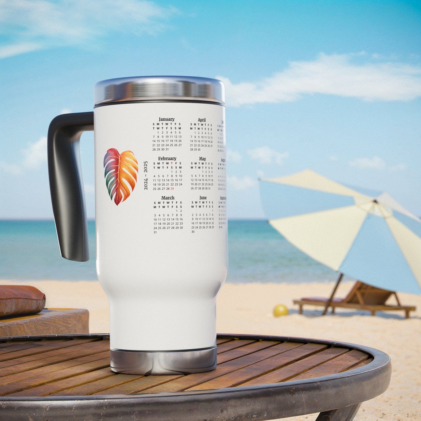 Leaf, 2 Year Calendar 2024 to 2025, Stainless Steel Travel Mug with Handle