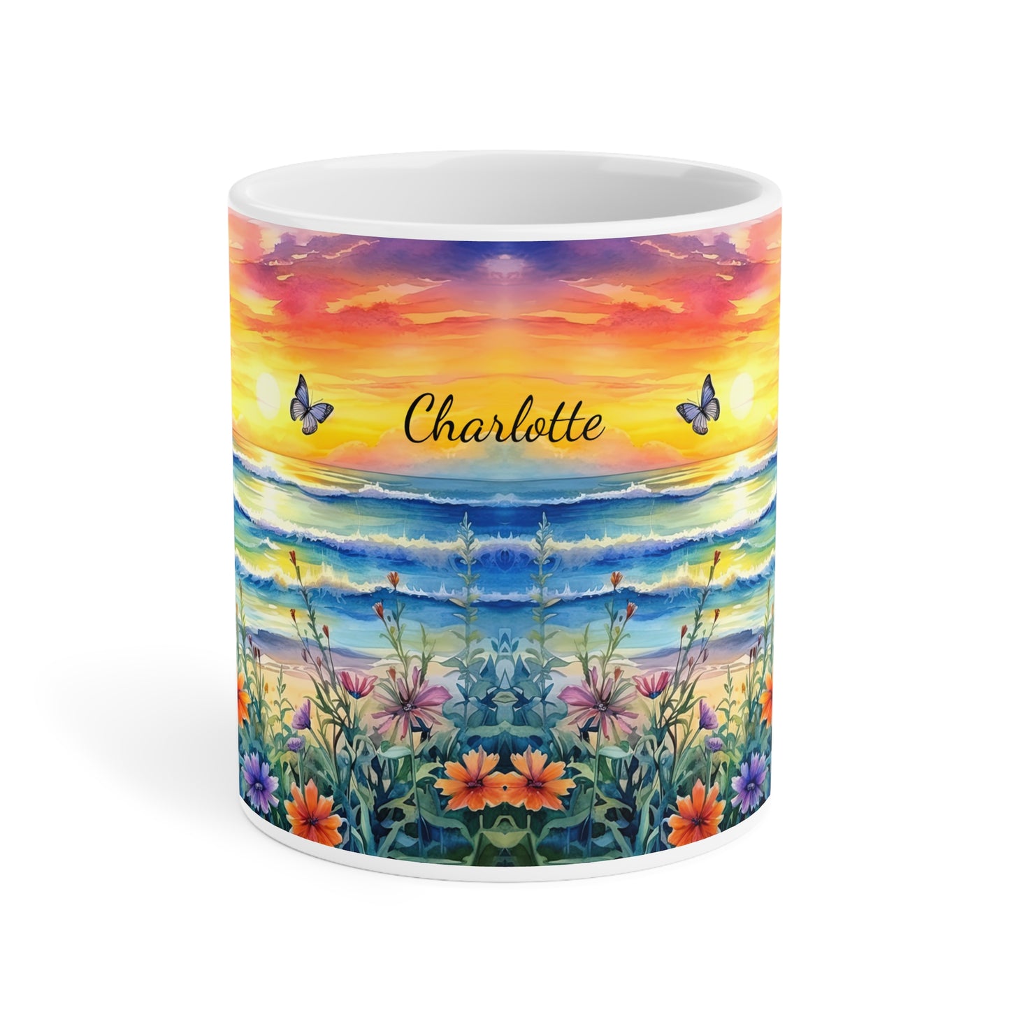 Beach Sunset and Butterflies · Personalize It! Your Name and Font | Ceramic Mug (Medium/Large).