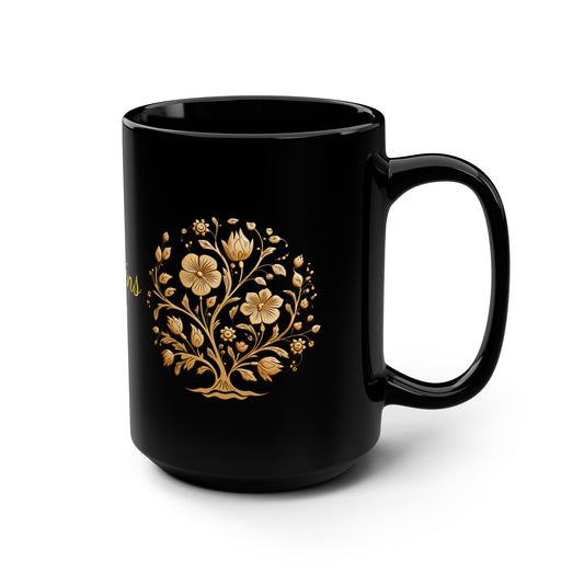 Golden Floral Medallion · Personalize It! Family Name | Black Mug (Medium)