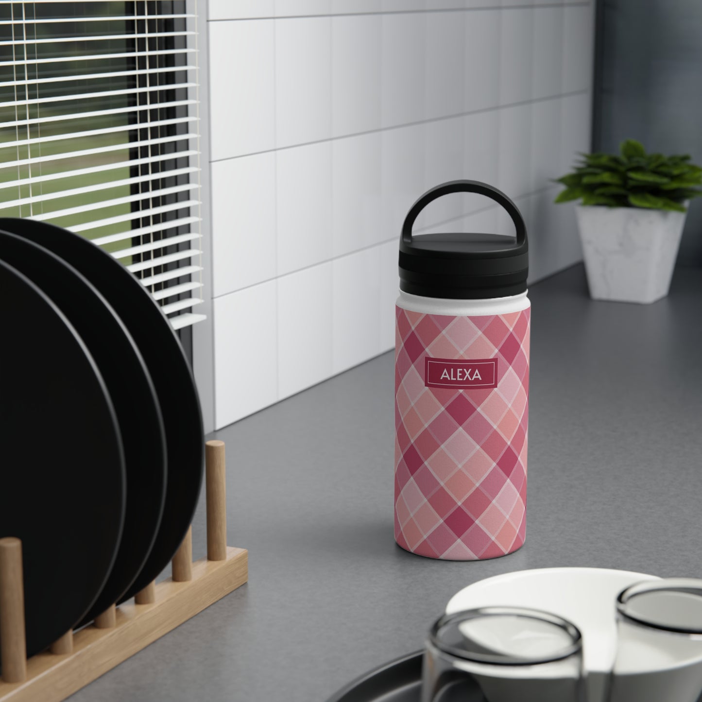 Pink Check No 5 Diagonal Plaid, Personalize It! Your Name, Stainless Steel Water Bottle Handle Lid (Small/Medium)