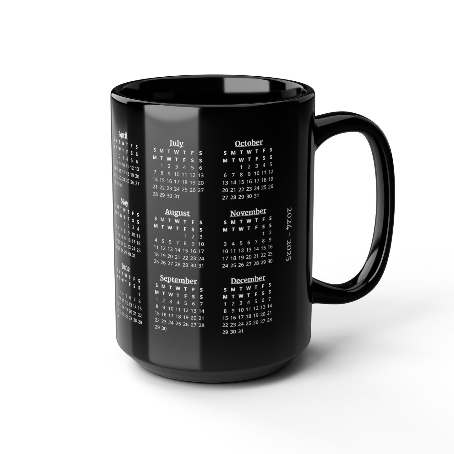 Temps Noir, 2 Year Calendar 2024 to 2025 White on Black, Black Mug (Medium)