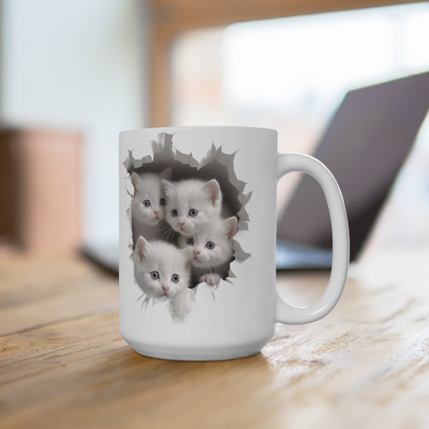 White Kittens in a Mug Hole, Ceramic Mug (Medium)