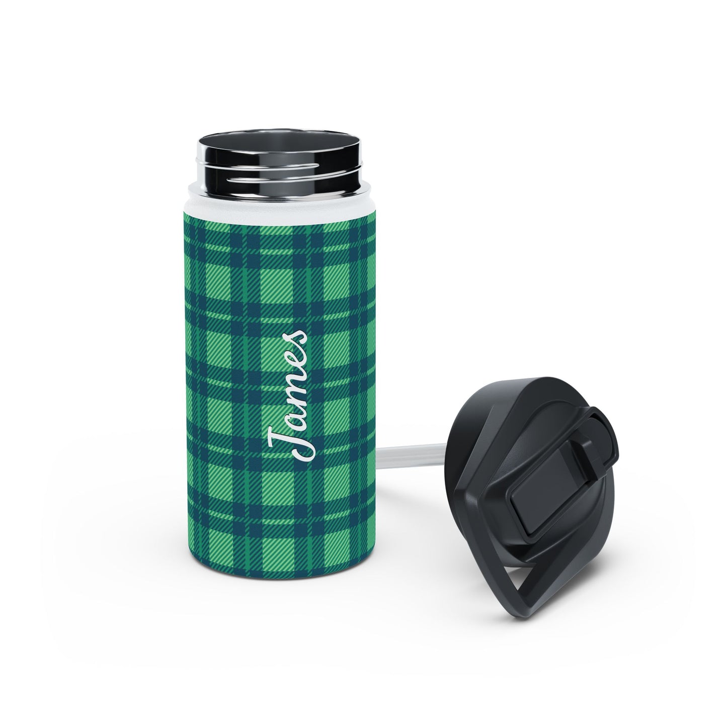 Verdant Green Tartan, Personalize It! Your Name, Stainless Steel Water Bottle Standard Lid (Small/Medium)